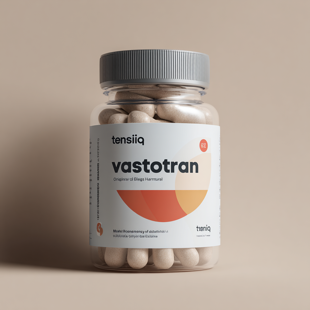 Sticla elegantă de Vasotran cu design farmaceutic modern, capsule naturale pentru sprijinirea tensiunii arteriale, ambalaj premium pe fundal alb steril cu elemente medicale discrete